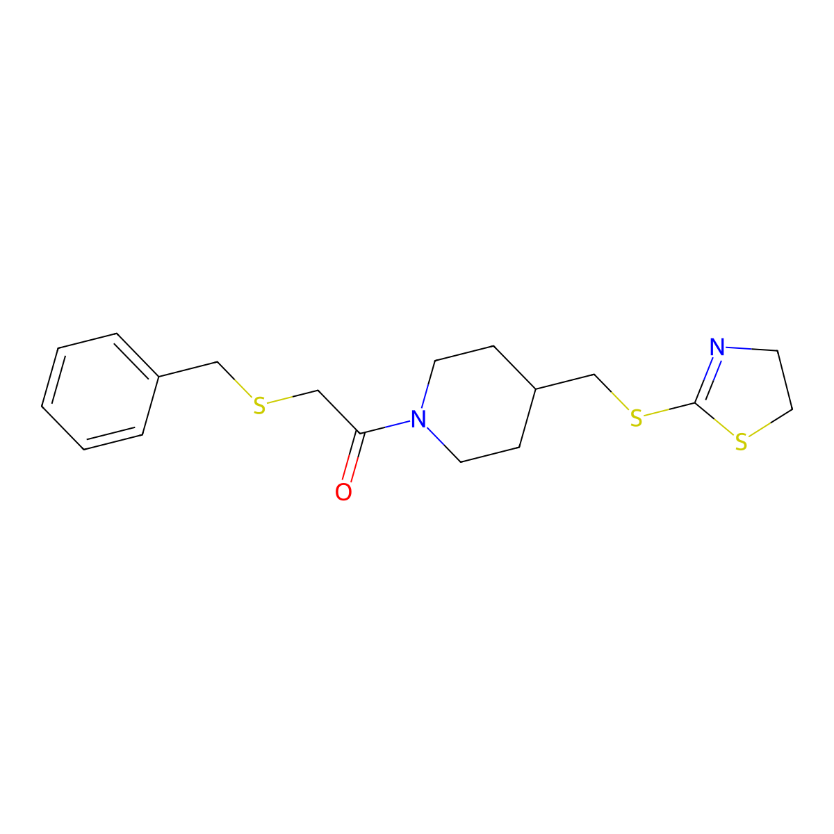 2-(Benzylthio)-1-(4-(((4,5-dihydrothiazol-2-yl)thio)methyl)piperidin-1-yl)ethanone molecular structure, CAS 1396859-50-9