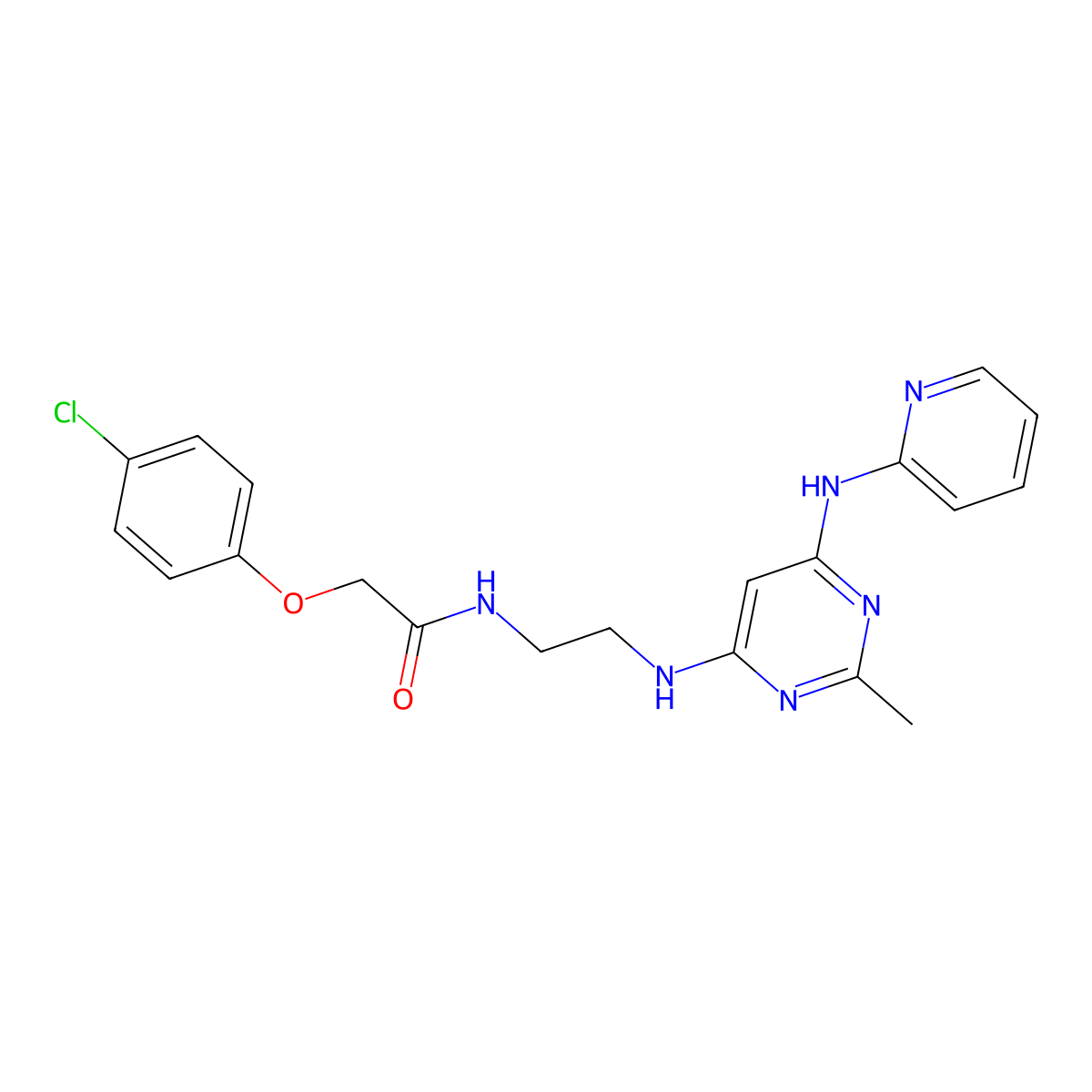 2-(4-chlorophenoxy)-N-(2-((2-methyl-6-(pyridin-2-ylamino)pyrimidin-4-yl)amino)ethyl)acetamide molecular structure, CAS 1396859-51-0
