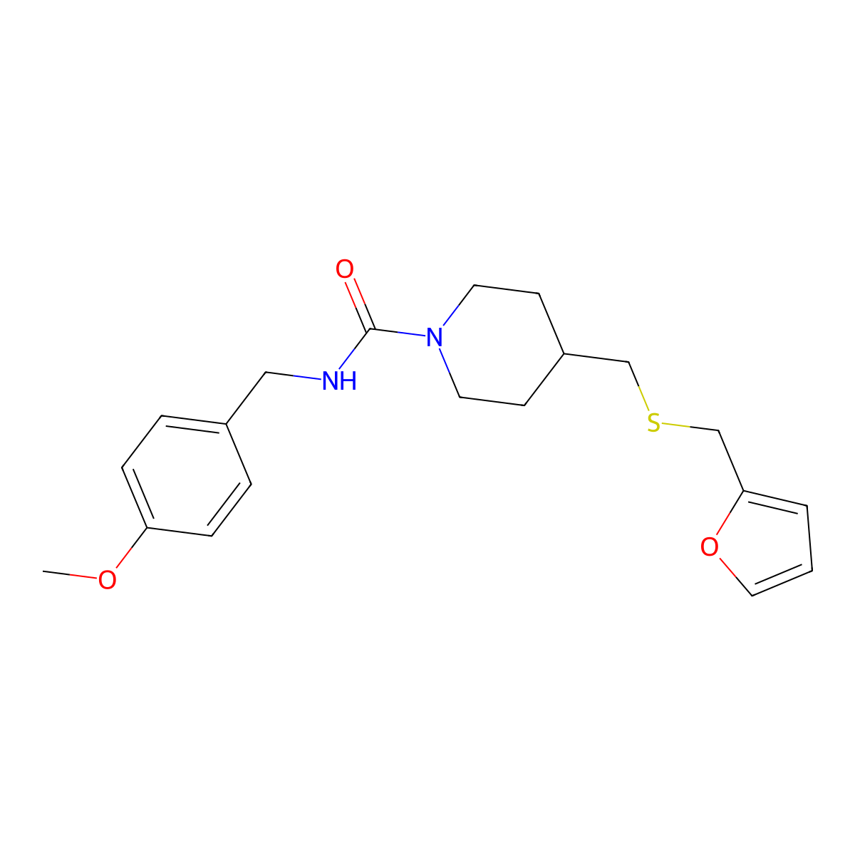 4-(((furan-2-ylmethyl)thio)methyl)-N-(4-methoxybenzyl)piperidine-1-carboxamide molecular structure, CAS 1396859-52-1