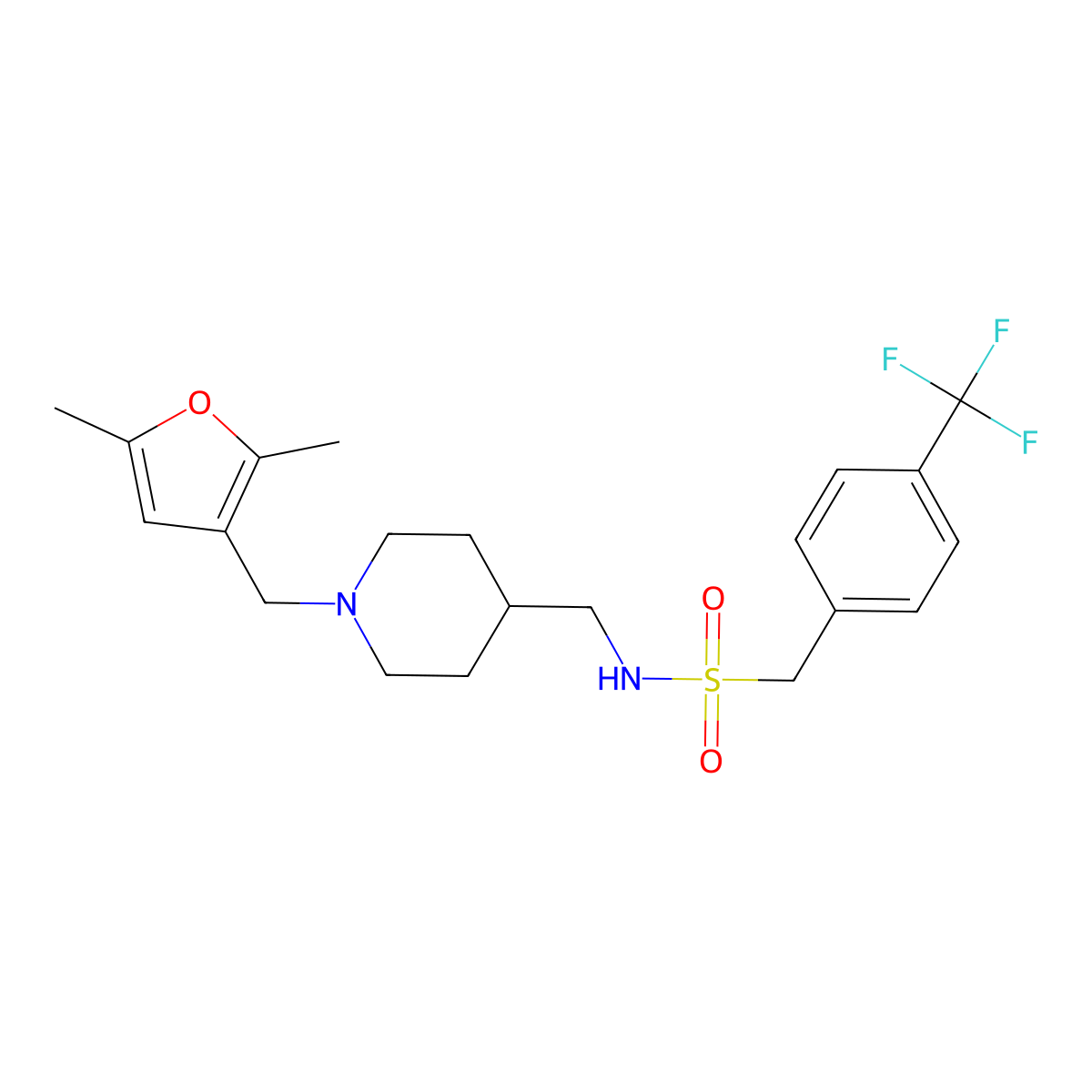 N-({1-[(2,5-dimethylfuran-3-yl)methyl]piperidin-4-yl}methyl)-1-[4-(trifluoromethyl)phenyl]methanesulfonamide molecular structure, CAS 1396859-58-7