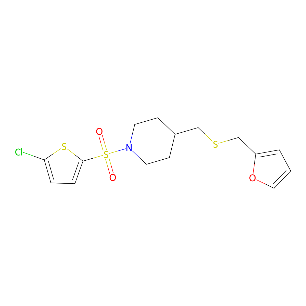 1-((5-Chlorothiophen-2-yl)sulfonyl)-4-(((furan-2-ylmethyl)thio)methyl)piperidine molecular structure, CAS 1396859-61-2