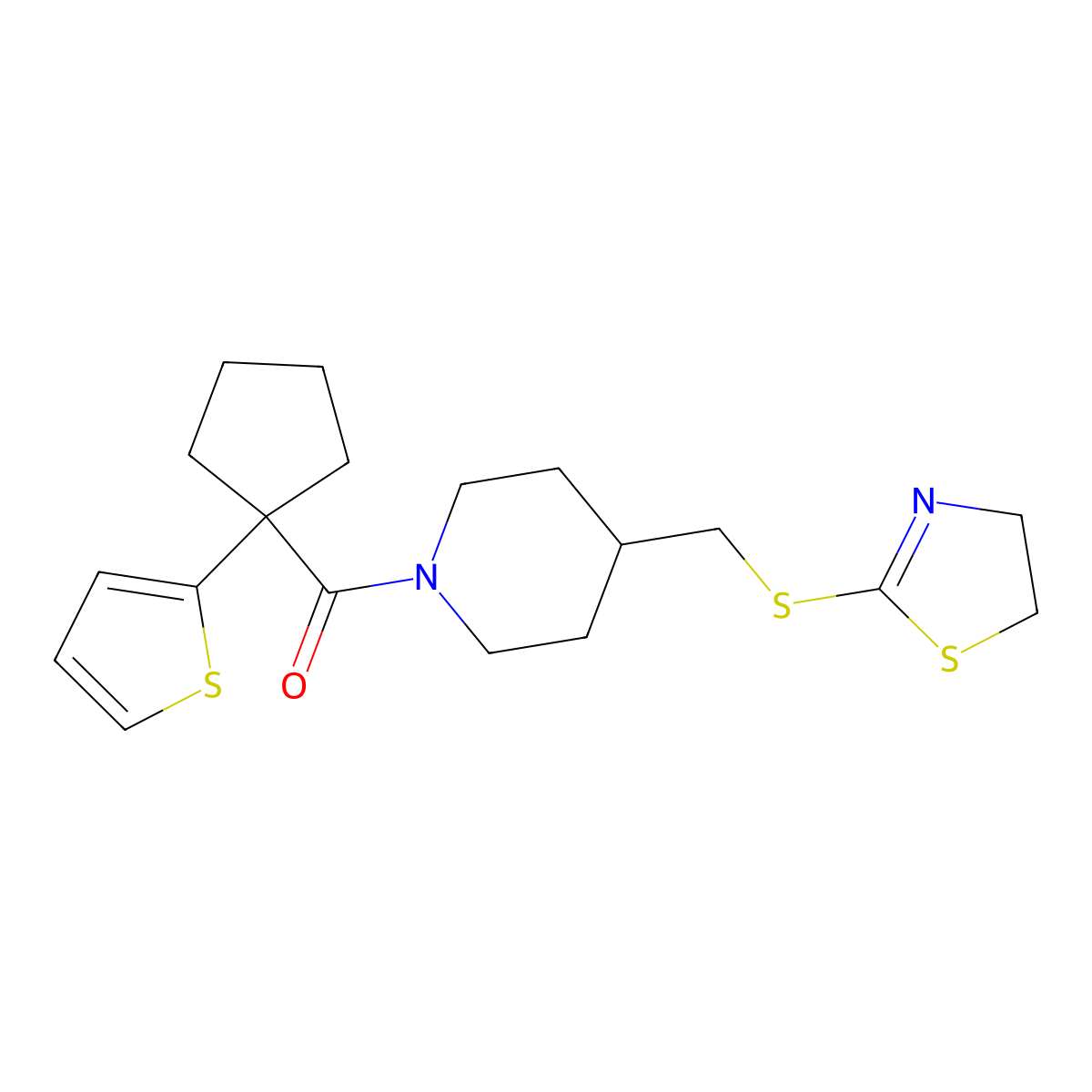 (4-(((4,5-Dihydrothiazol-2-yl)thio)methyl)piperidin-1-yl)(1-(thiophen-2-yl)cyclopentyl)methanone molecular structure, CAS 1396859-66-7