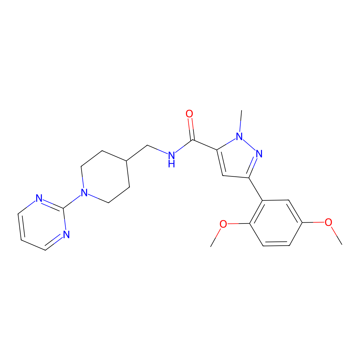 3-(2,5-dimethoxyphenyl)-1-methyl-N-{[1-(pyrimidin-2-yl)piperidin-4-yl]methyl}-1H-pyrazole-5-carboxamide molecular structure, CAS 1396859-67-8