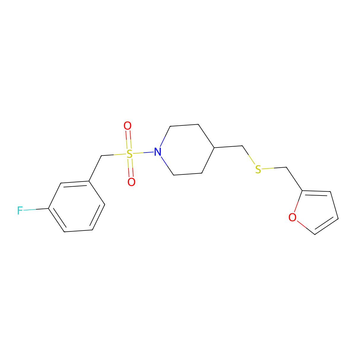 1-((3-Fluorobenzyl)sulfonyl)-4-(((furan-2-ylmethyl)thio)methyl)piperidine molecular structure, CAS 1396859-68-9
