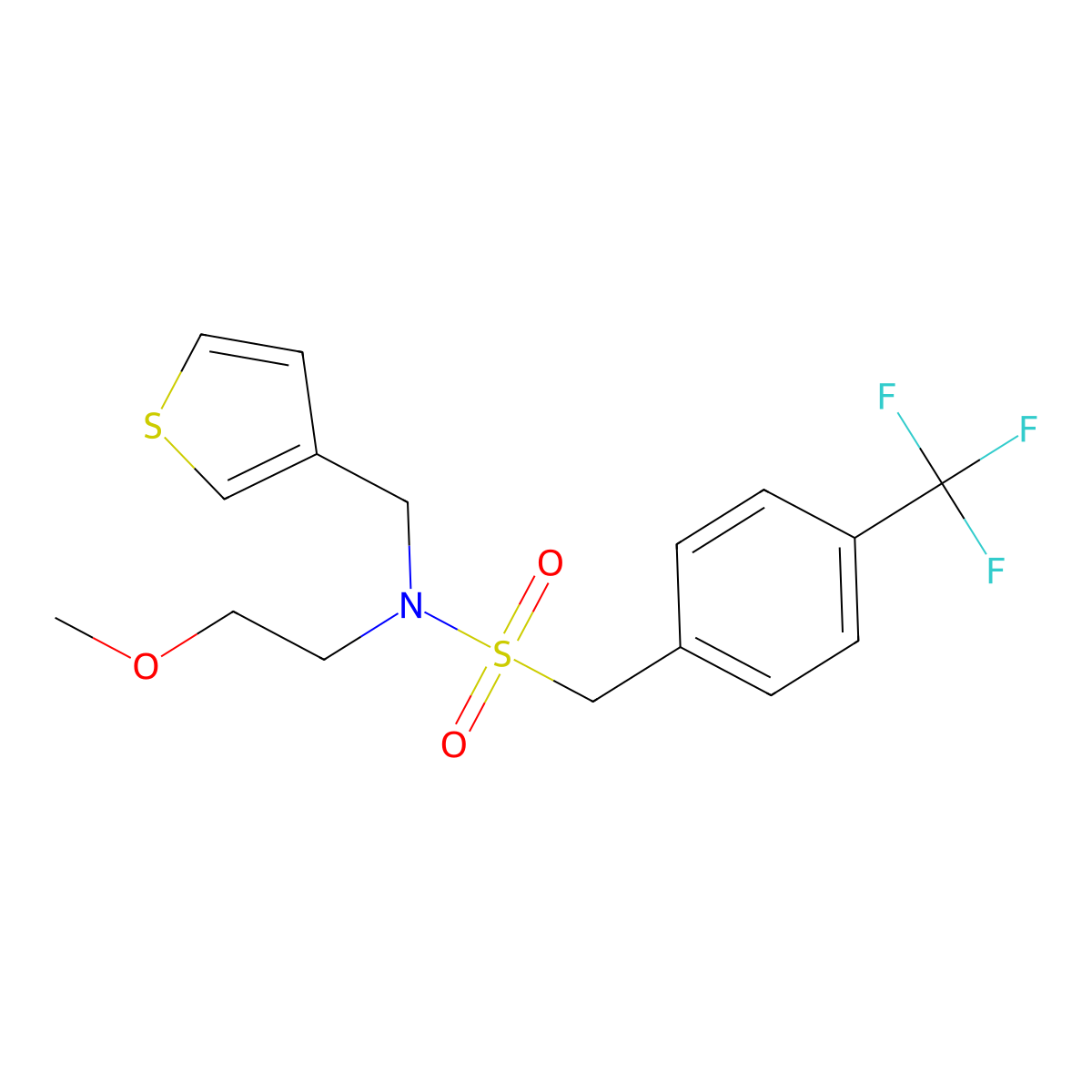 N-(2-methoxyethyl)-N-(thiophen-3-ylmethyl)-1-(4-(trifluoromethyl)phenyl)methanesulfonamide molecular structure, CAS 1396859-79-2