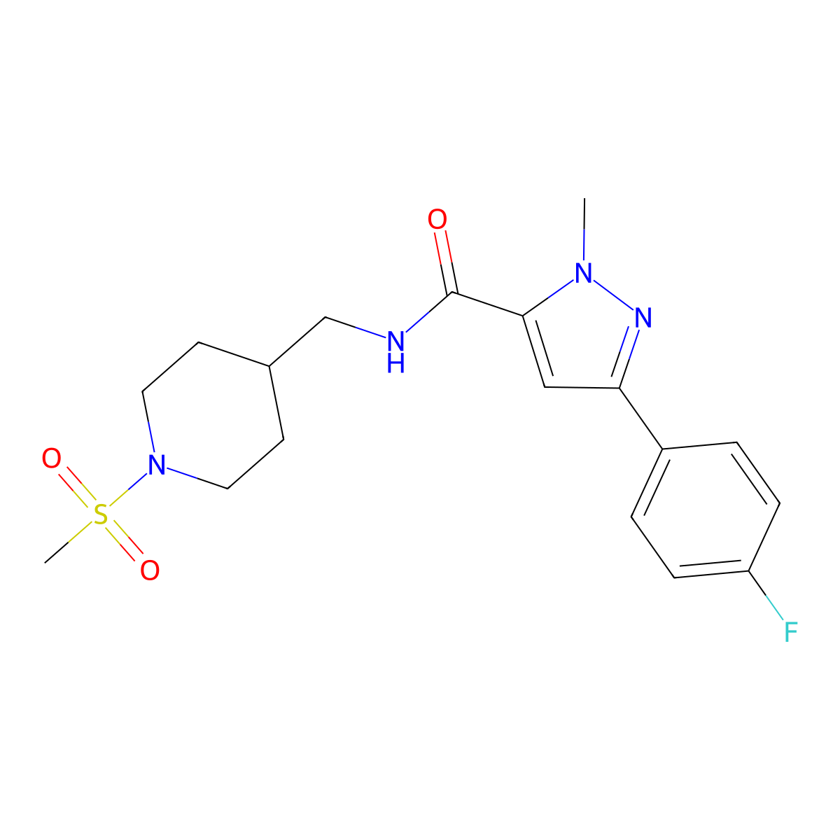 3-(4-fluorophenyl)-1-methyl-N-((1-(methylsulfonyl)piperidin-4-yl)methyl)-1H-pyrazole-5-carboxamide molecular structure, CAS 1396859-83-8