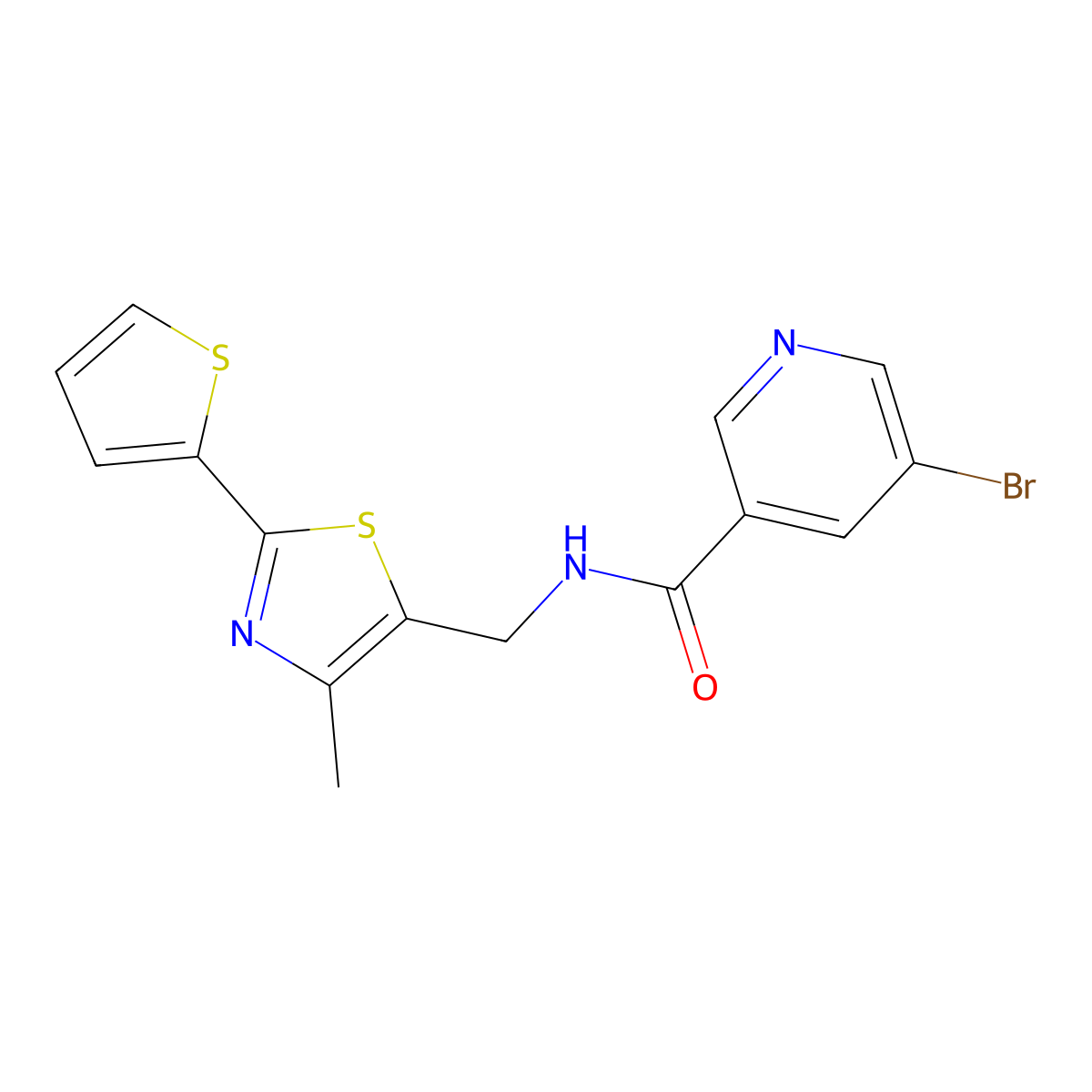 5-bromo-N-((4-methyl-2-(thiophen-2-yl)thiazol-5-yl)methyl)nicotinamide molecular structure, CAS 1396860-04-0