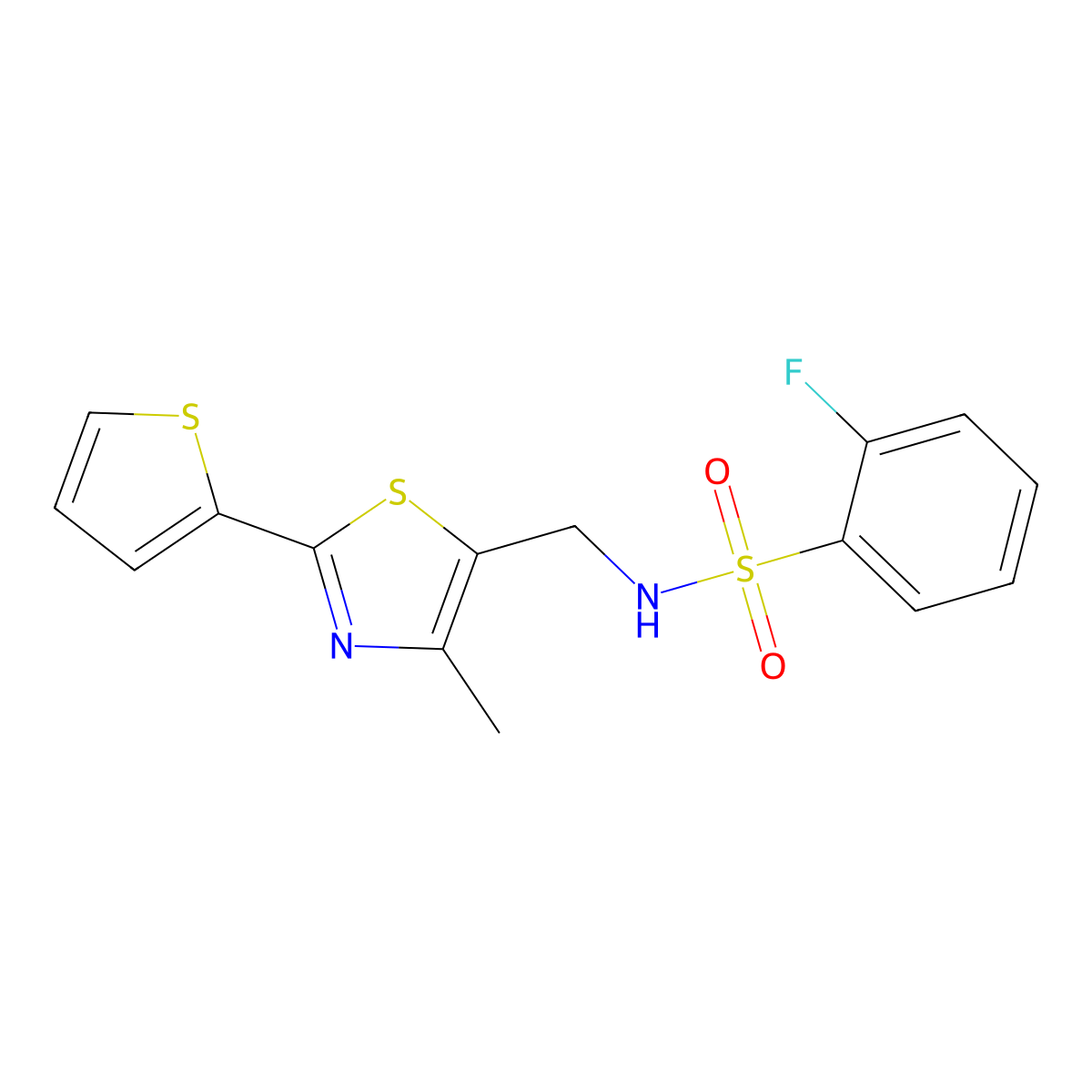 2-fluoro-N-((4-methyl-2-(thiophen-2-yl)thiazol-5-yl)methyl)benzenesulfonamide molecular structure, CAS 1396860-15-3
