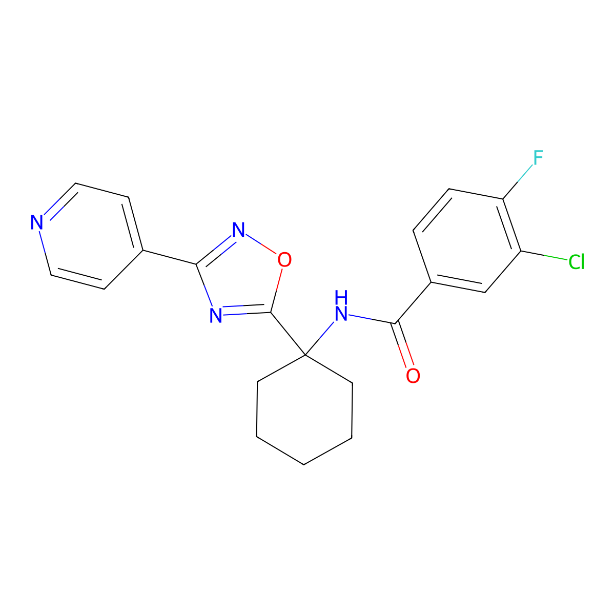 3-chloro-4-fluoro-N-[1-(3-pyridin-4-yl-1,2,4-oxadiazol-5-yl)cyclohexyl]benzamide molecular structure, CAS 1396860-30-2