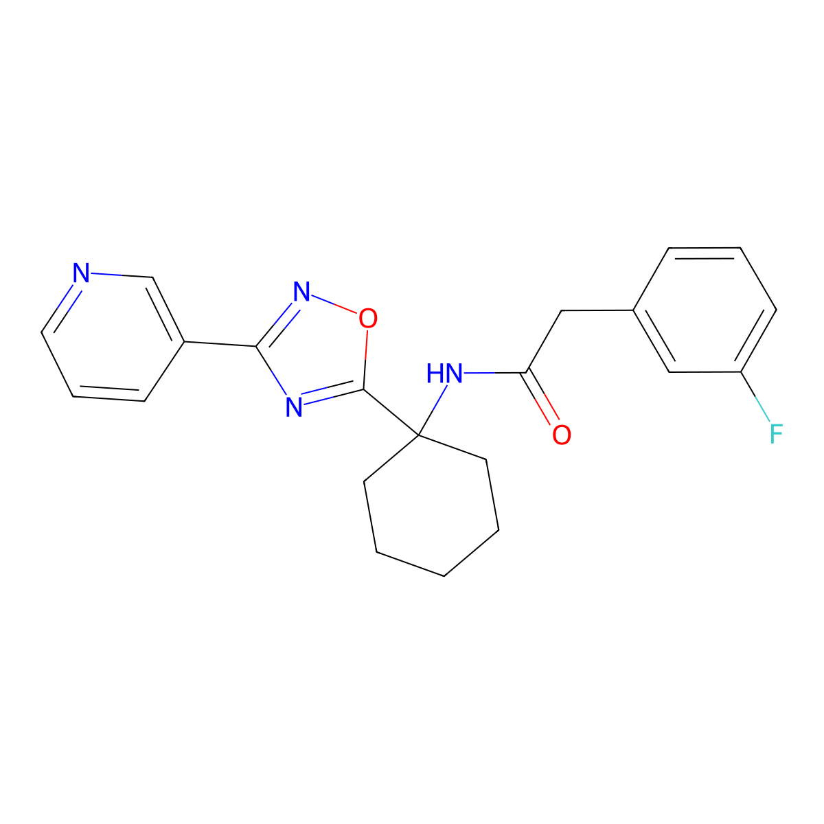 2-(3-fluorophenyl)-N-[1-(3-pyridin-3-yl-1,2,4-oxadiazol-5-yl)cyclohexyl]acetamide molecular structure, CAS 1396860-44-8