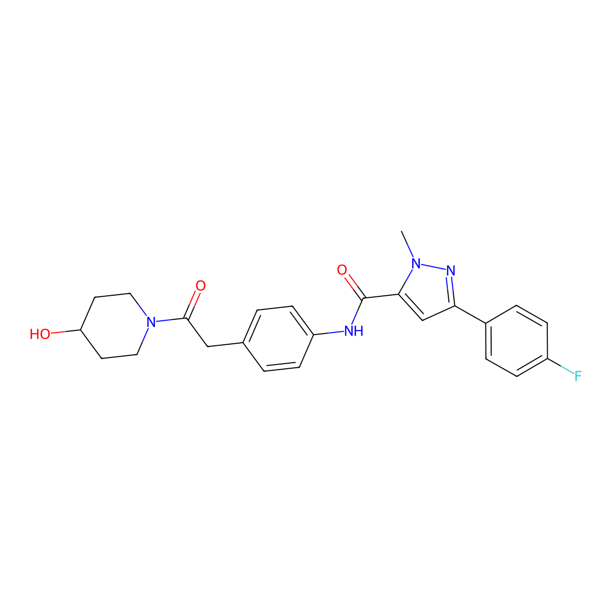 3-(4-fluorophenyl)-N-(4-(2-(4-hydroxypiperidin-1-yl)-2-oxoethyl)phenyl)-1-methyl-1H-pyrazole-5-carboxamide molecular structure, CAS 1396860-48-2