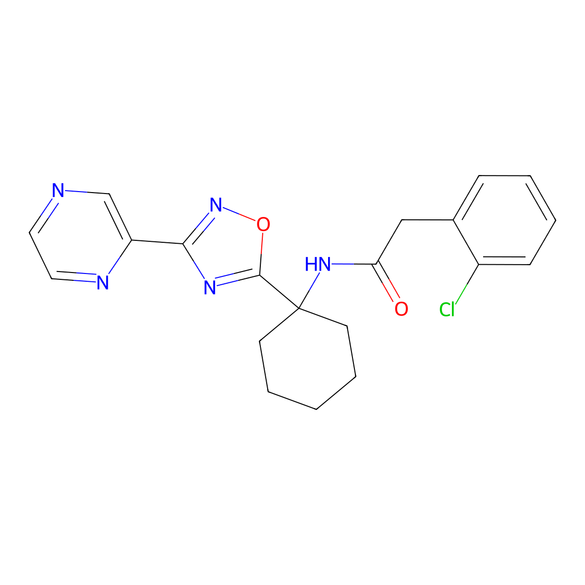 2-(2-chlorophenyl)-N-[1-(3-pyrazin-2-yl-1,2,4-oxadiazol-5-yl)cyclohexyl]acetamide molecular structure, CAS 1396860-62-0