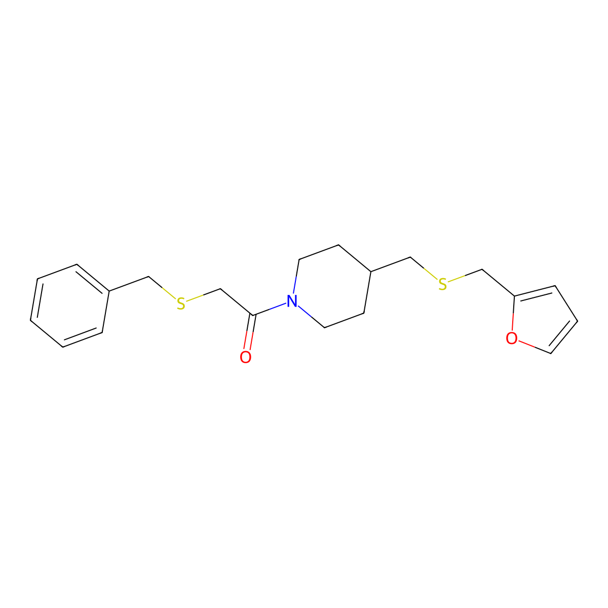 2-(Benzylthio)-1-(4-(((furan-2-ylmethyl)thio)methyl)piperidin-1-yl)ethanone molecular structure, CAS 1396860-66-4