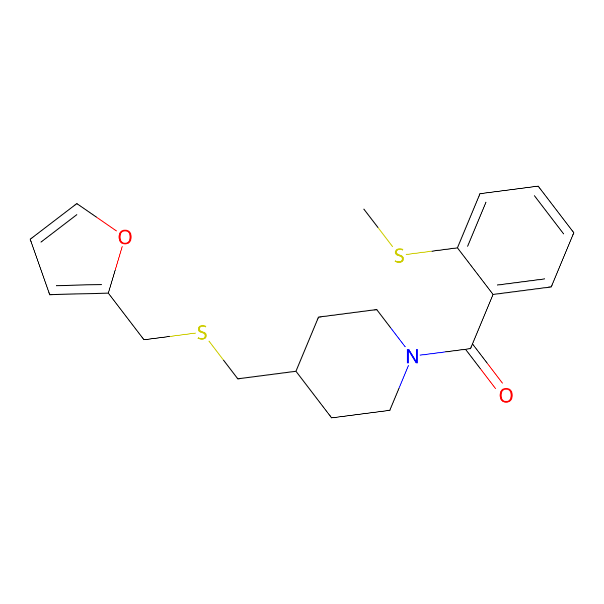 (4-(((Furan-2-ylmethyl)thio)methyl)piperidin-1-yl)(2-(methylthio)phenyl)methanone molecular structure, CAS 1396860-75-5