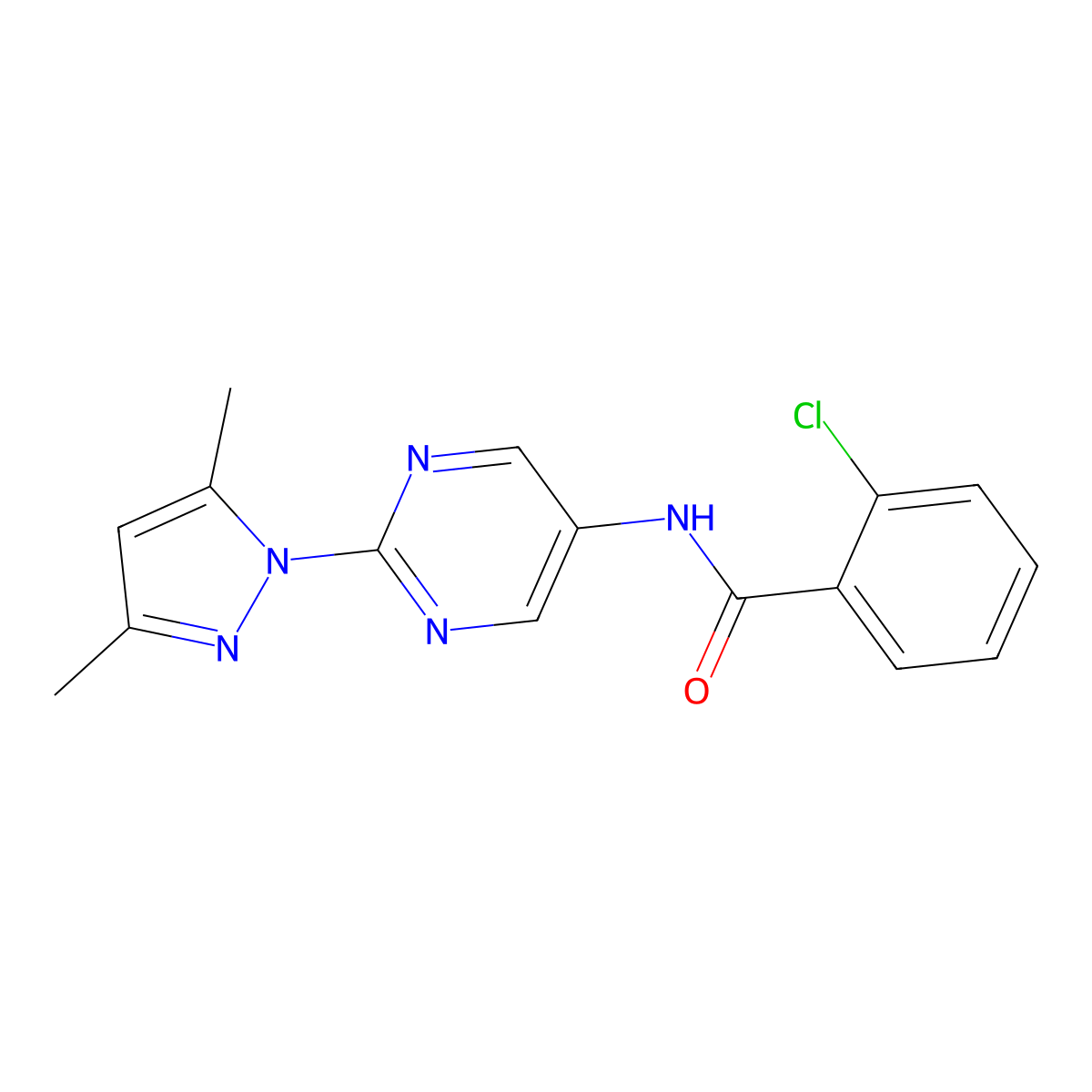 2-chloro-N-[2-(3,5-dimethyl-1H-pyrazol-1-yl)pyrimidin-5-yl]benzamide molecular structure, CAS 1396860-82-4