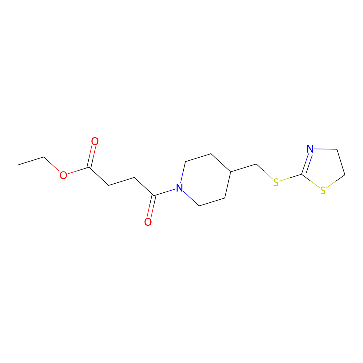 Ethyl 4-(4-(((4,5-dihydrothiazol-2-yl)thio)methyl)piperidin-1-yl)-4-oxobutanoate molecular structure, CAS 1396860-83-5