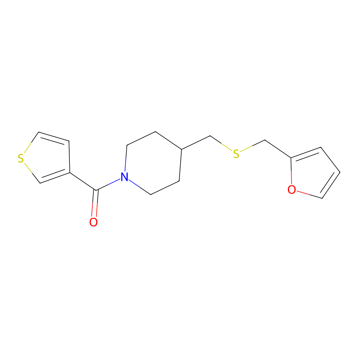 (4-(((Furan-2-ylmethyl)thio)methyl)piperidin-1-yl)(thiophen-3-yl)methanone molecular structure, CAS 1396860-85-7