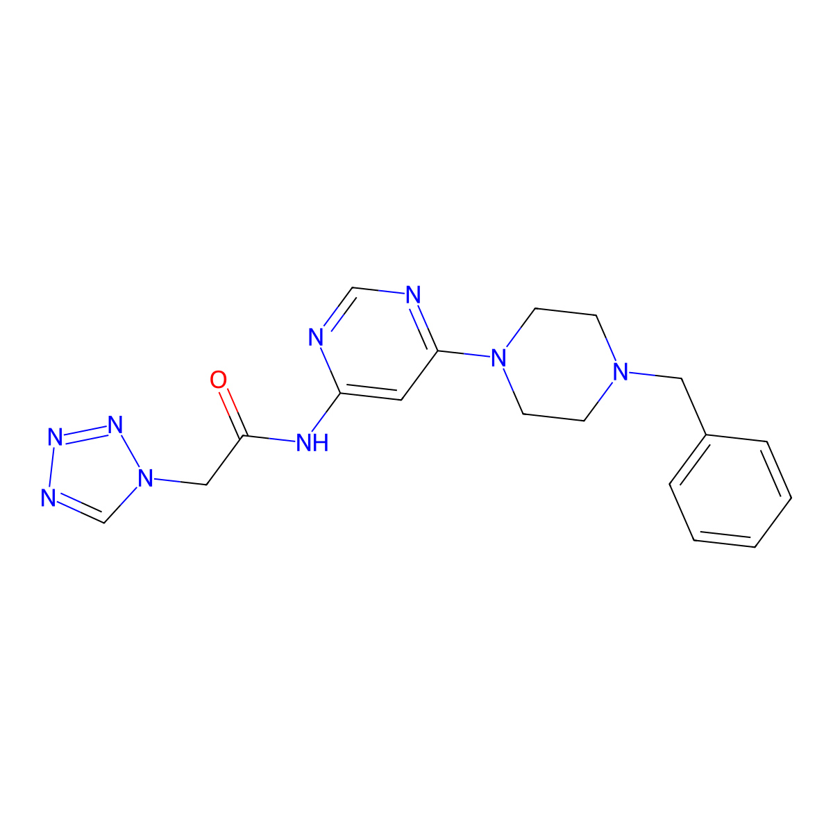 N-(6-(4-benzylpiperazin-1-yl)pyrimidin-4-yl)-2-(1H-tetrazol-1-yl)acetamide molecular structure, CAS 1396860-87-9