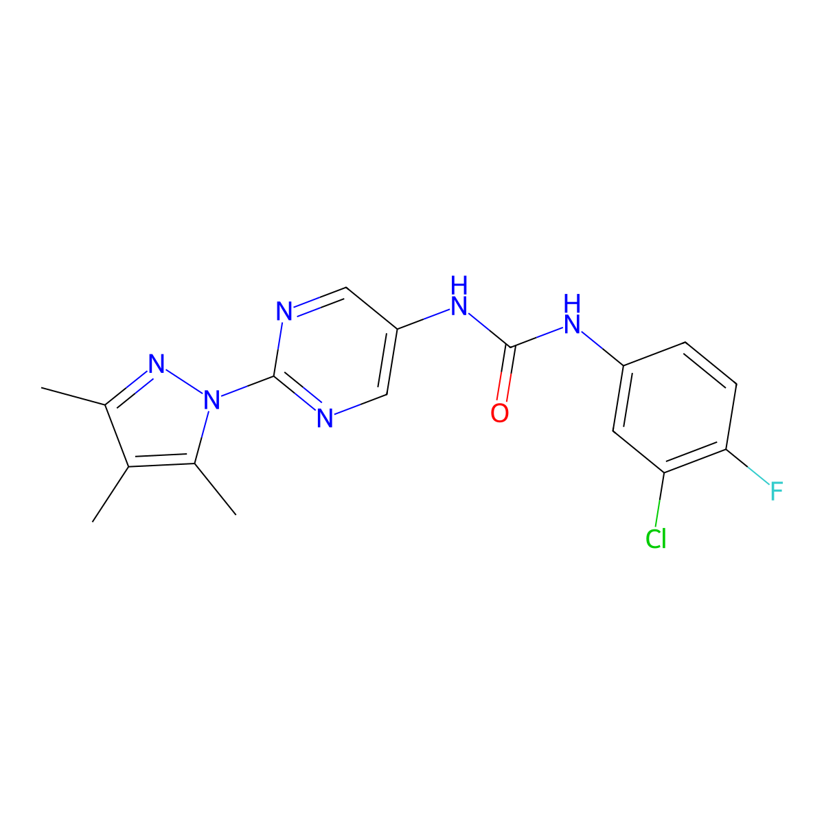 1-(3-chloro-4-fluorophenyl)-3-[2-(3,4,5-trimethyl-1H-pyrazol-1-yl)pyrimidin-5-yl]urea molecular structure, CAS 1396860-88-0