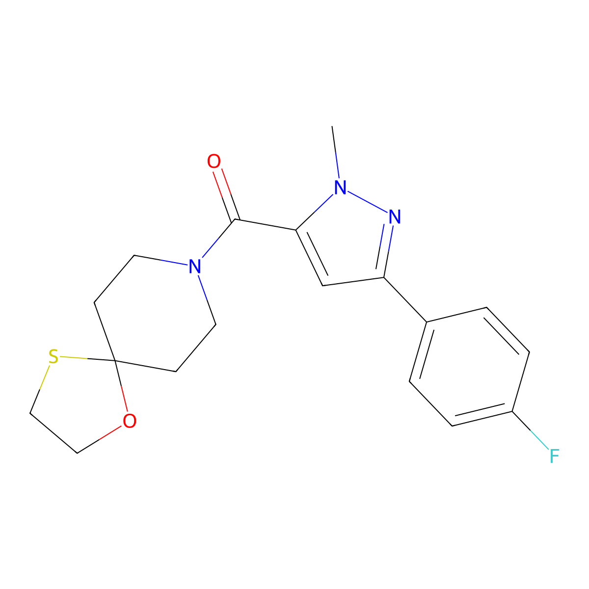 (3-(4-fluorophenyl)-1-methyl-1H-pyrazol-5-yl)(1-oxa-4-thia-8-azaspiro[4.5]decan-8-yl)methanone molecular structure, CAS 1396860-90-4
