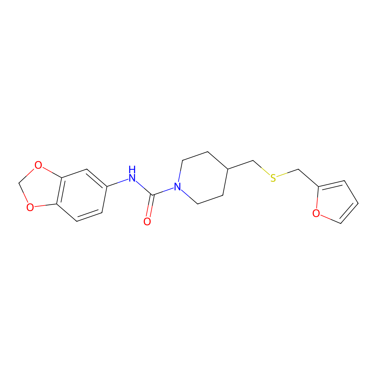 N-(benzo[d][1,3]dioxol-5-yl)-4-(((furan-2-ylmethyl)thio)methyl)piperidine-1-carboxamide molecular structure, CAS 1396860-93-7