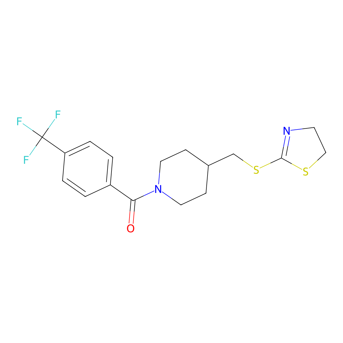 (4-(((4,5-Dihydrothiazol-2-yl)thio)methyl)piperidin-1-yl)(4-(trifluoromethyl)phenyl)methanone molecular structure, CAS 1396860-96-0