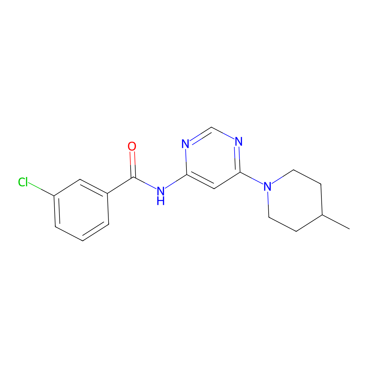 3-chloro-N-[6-(4-methylpiperidin-1-yl)pyrimidin-4-yl]benzamide molecular structure, CAS 1396861-01-0
