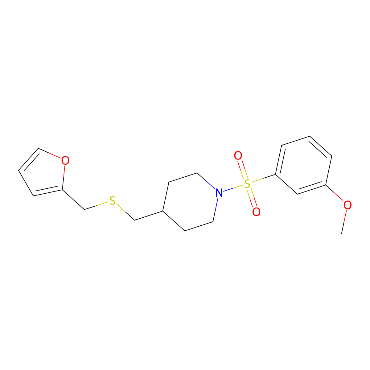 4-(((Furan-2-ylmethyl)thio)methyl)-1-((3-methoxyphenyl)sulfonyl)piperidine molecular structure, CAS 1396861-13-4