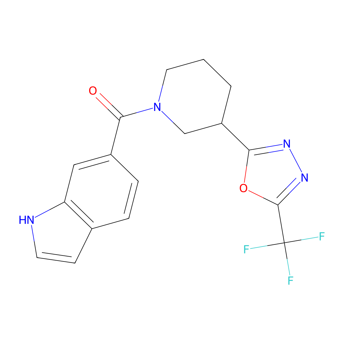 (1H-indol-6-yl)(3-(5-(trifluoromethyl)-1,3,4-oxadiazol-2-yl)piperidin-1-yl)methanone molecular structure, CAS 1396861-27-0
