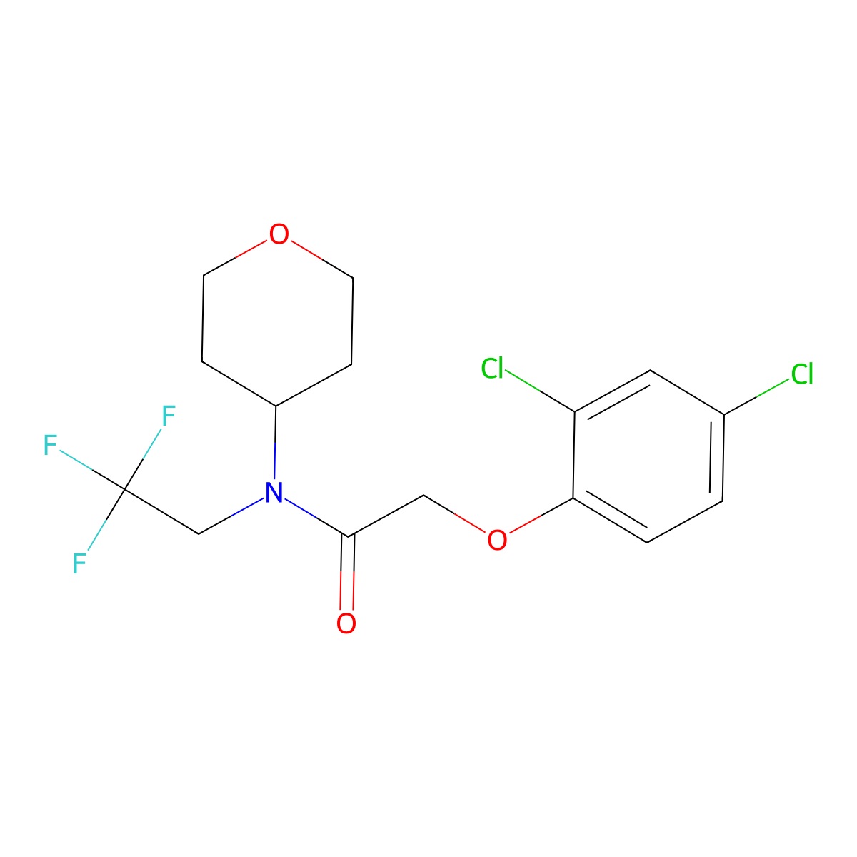 2-(2,4-dichlorophenoxy)-N-(oxan-4-yl)-N-(2,2,2-trifluoroethyl)acetamide molecular structure, CAS 1396861-38-3