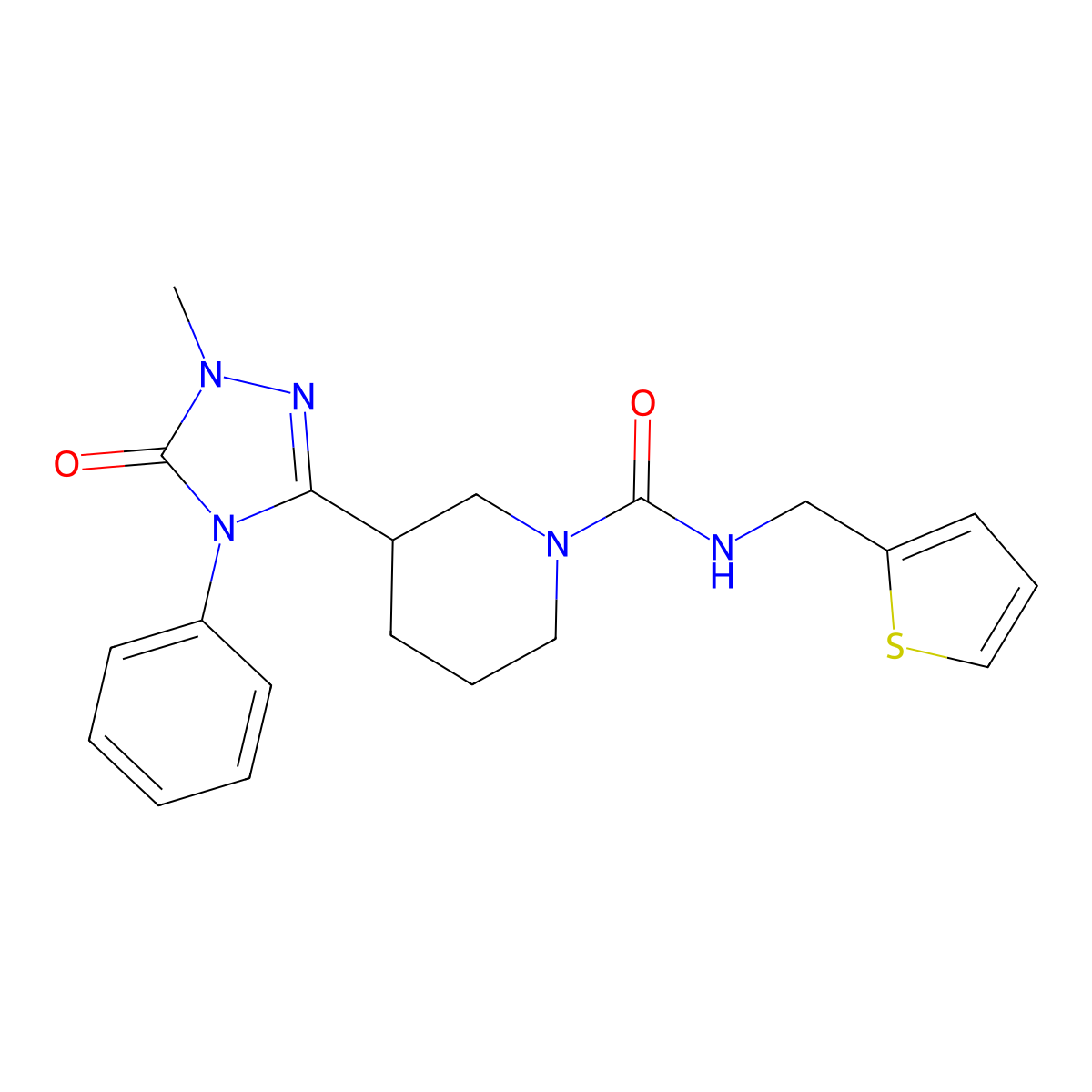 3-(1-methyl-5-oxo-4-phenyl-4,5-dihydro-1H-1,2,4-triazol-3-yl)-N-(thiophen-2-ylmethyl)piperidine-1-carboxamide molecular structure, CAS 1396861-45-2