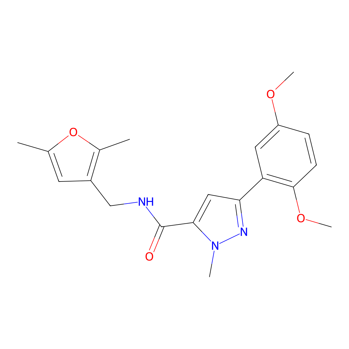 3-(2,5-dimethoxyphenyl)-N-[(2,5-dimethylfuran-3-yl)methyl]-1-methyl-1H-pyrazole-5-carboxamide molecular structure, CAS 1396861-49-6