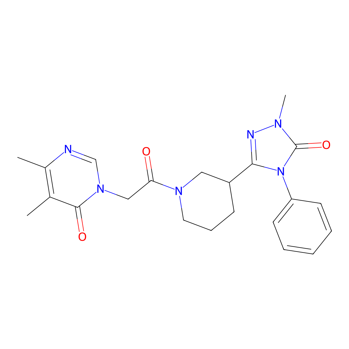 5,6-dimethyl-3-(2-(3-(1-methyl-5-oxo-4-phenyl-4,5-dihydro-1H-1,2,4-triazol-3-yl)piperidin-1-yl)-2-oxoethyl)pyrimidin-4(3H)-one molecular structure, CAS 1396861-57-6