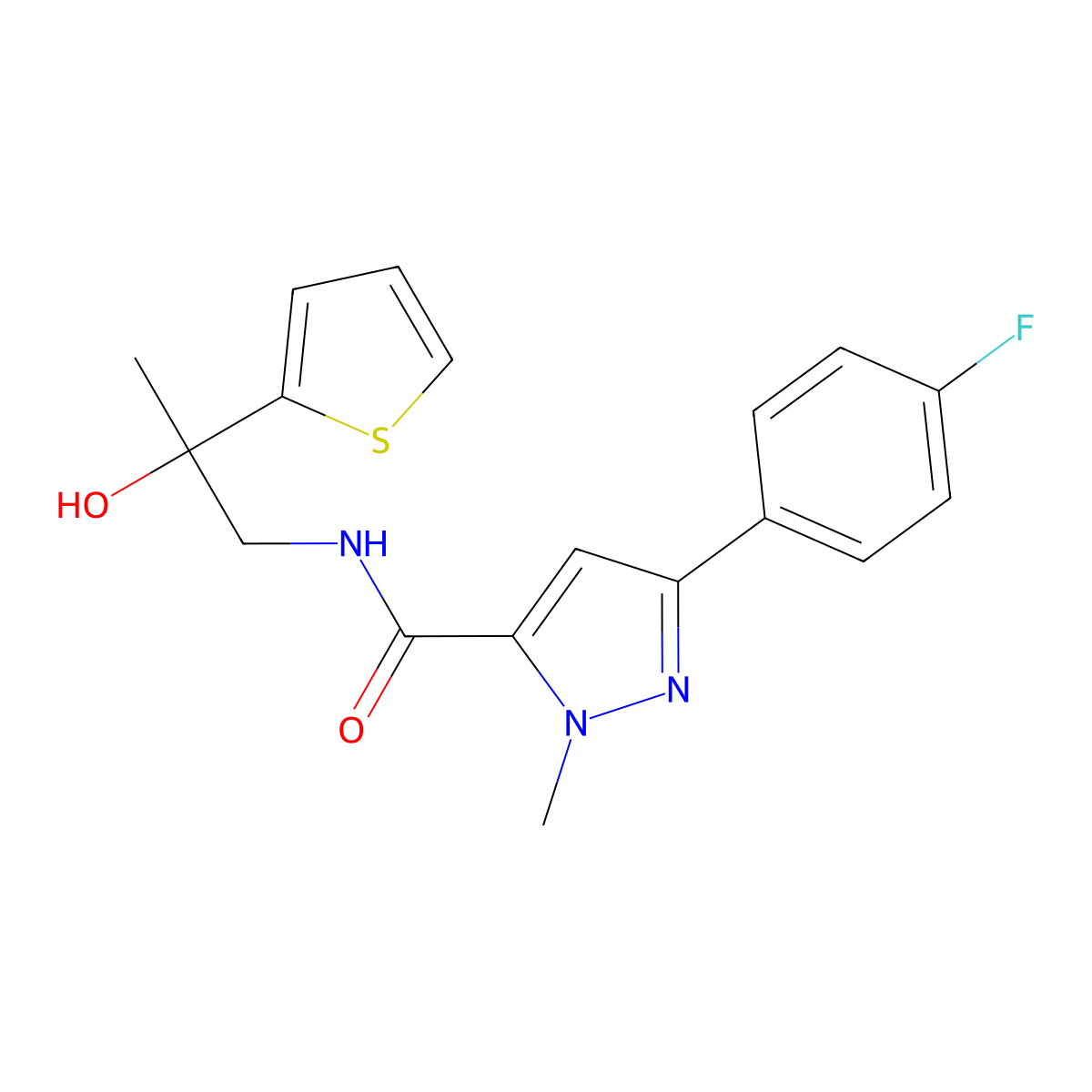 3-(4-fluorophenyl)-N-(2-hydroxy-2-(thiophen-2-yl)propyl)-1-methyl-1H-pyrazole-5-carboxamide molecular structure, CAS 1396861-61-2