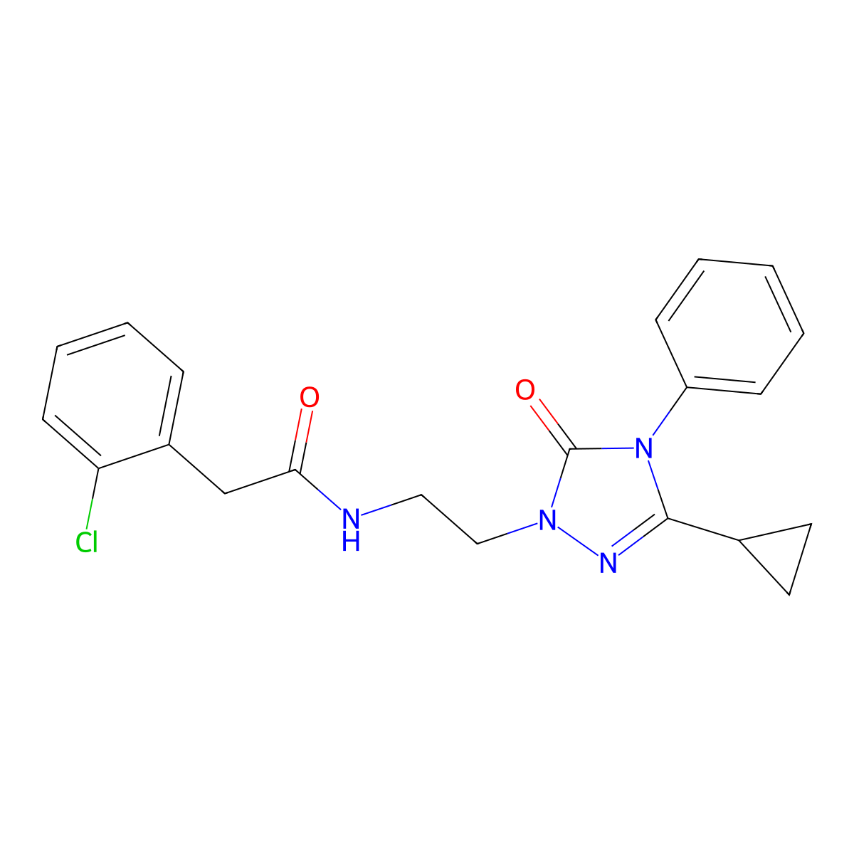 2-(2-chlorophenyl)-N-(2-(3-cyclopropyl-5-oxo-4-phenyl-4,5-dihydro-1H-1,2,4-triazol-1-yl)ethyl)acetamide molecular structure, CAS 1396861-65-6