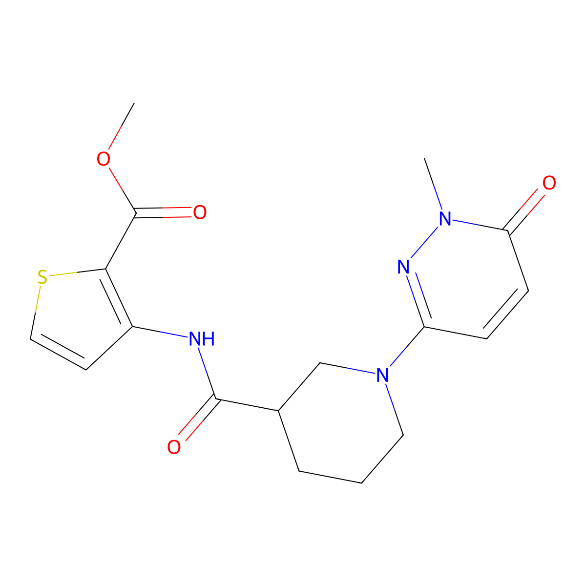 Methyl 3-(1-(1-methyl-6-oxo-1,6-dihydropyridazin-3-yl)piperidine-3-carboxamido)thiophene-2-carboxylate molecular structure, CAS 1396861-68-9