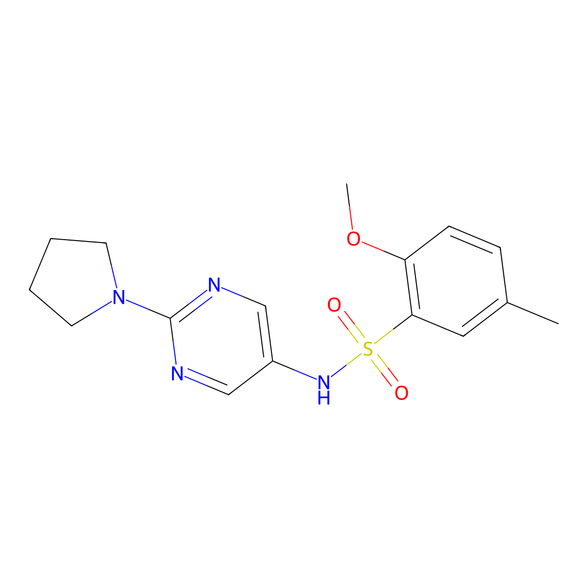 2-methoxy-5-methyl-N-(2-(pyrrolidin-1-yl)pyrimidin-5-yl)benzenesulfonamide molecular structure, CAS 1396861-75-8