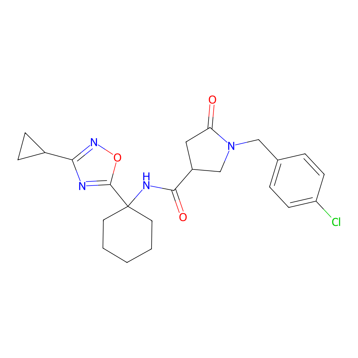 1-(4-chlorobenzyl)-N-(1-(3-cyclopropyl-1,2,4-oxadiazol-5-yl)cyclohexyl)-5-oxopyrrolidine-3-carboxamide molecular structure, CAS 1396861-87-2