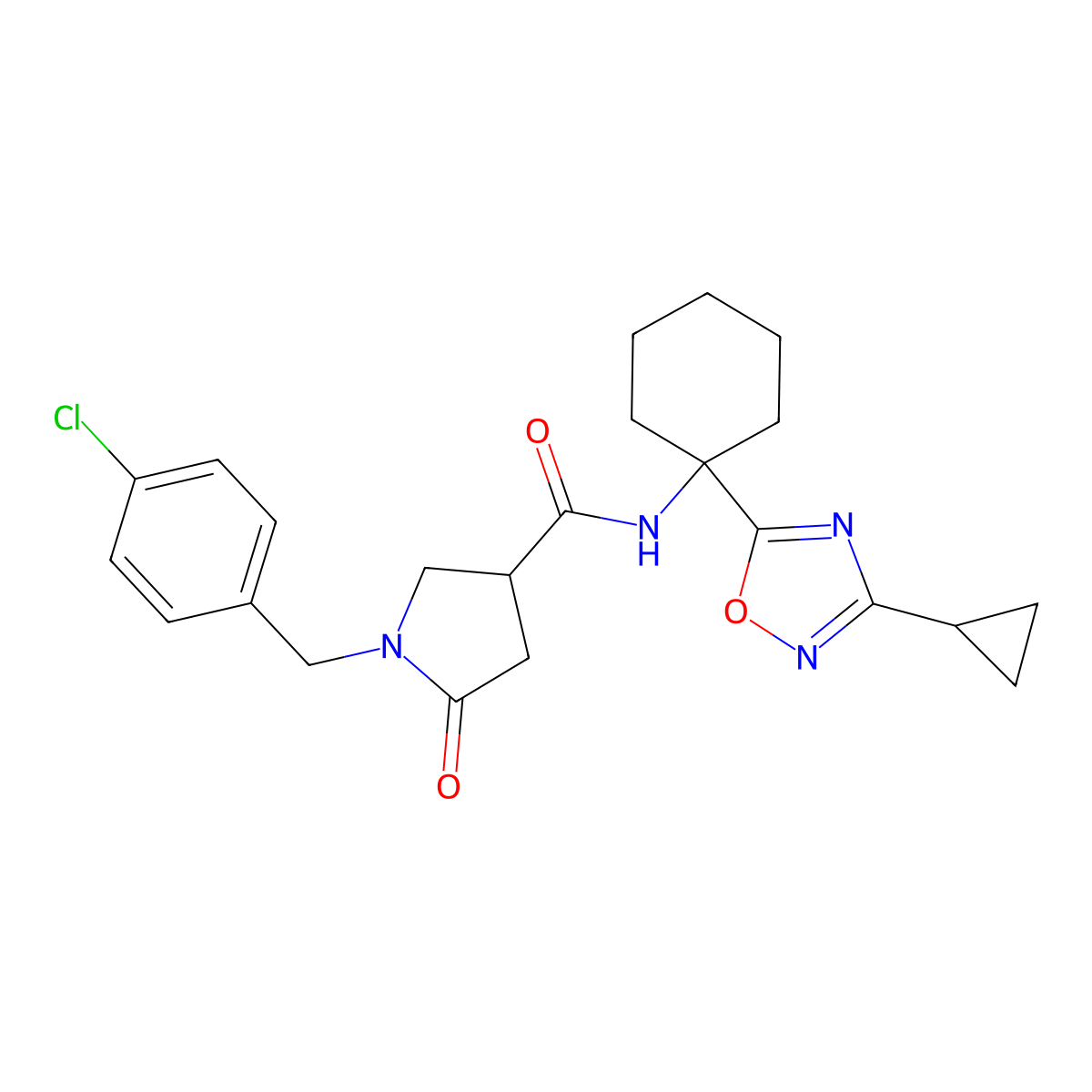 1-(4-chlorobenzyl)-N-(1-(3-cyclopropyl-1,2,4-oxadiazol-5-yl)cyclohexyl)-5-oxopyrrolidine-3-carboxamide molecular structure, CAS 1396861-87-2