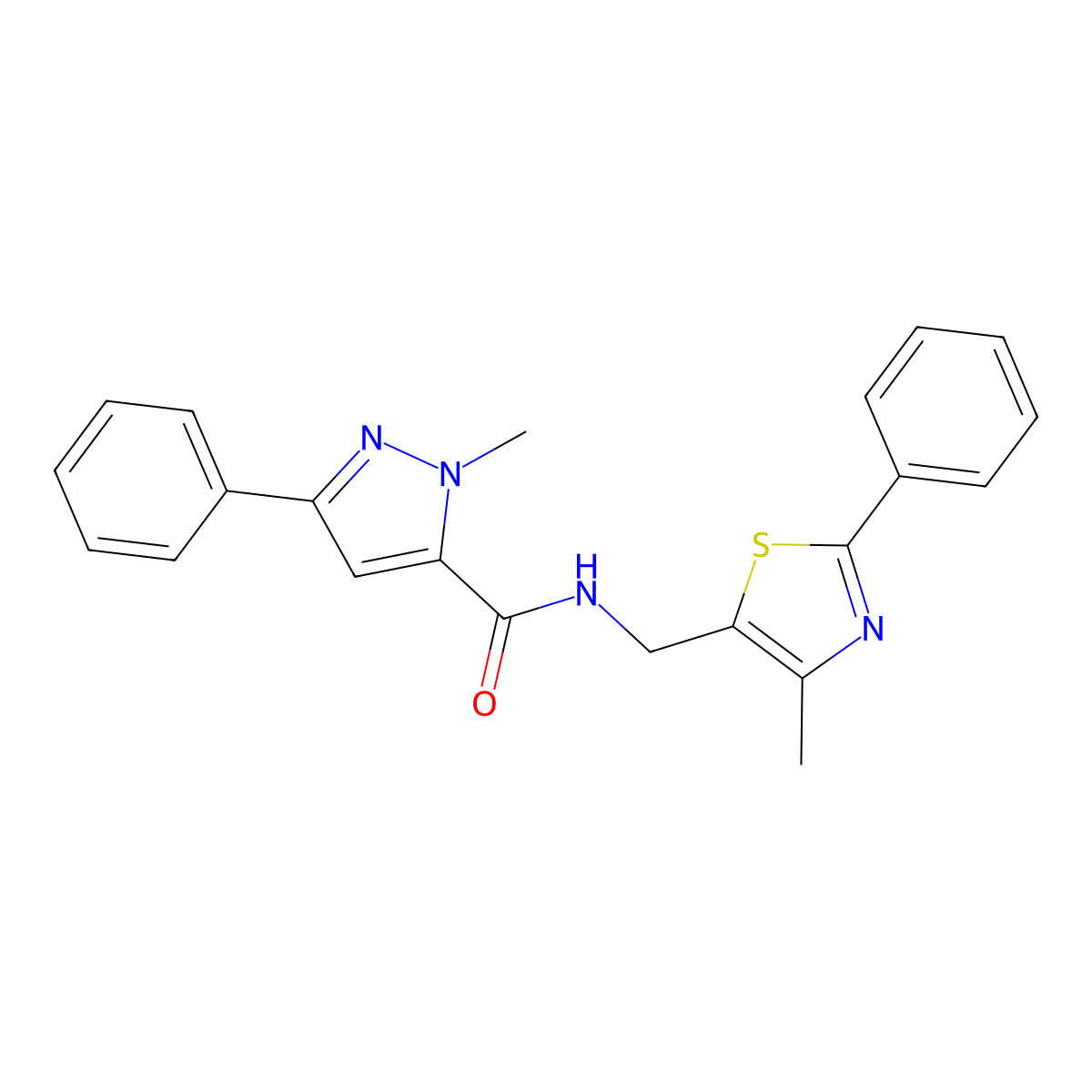1-methyl-N-((4-methyl-2-phenylthiazol-5-yl)methyl)-3-phenyl-1H-pyrazole-5-carboxamide molecular structure, CAS 1396861-90-7