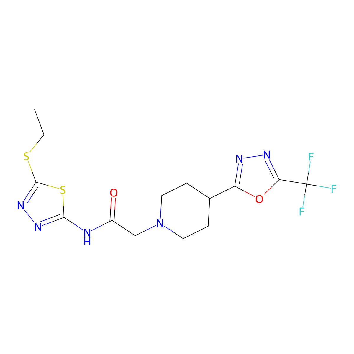 N-(5-(ethylthio)-1,3,4-thiadiazol-2-yl)-2-(4-(5-(trifluoromethyl)-1,3,4-oxadiazol-2-yl)piperidin-1-yl)acetamide molecular structure, CAS 1396861-93-0