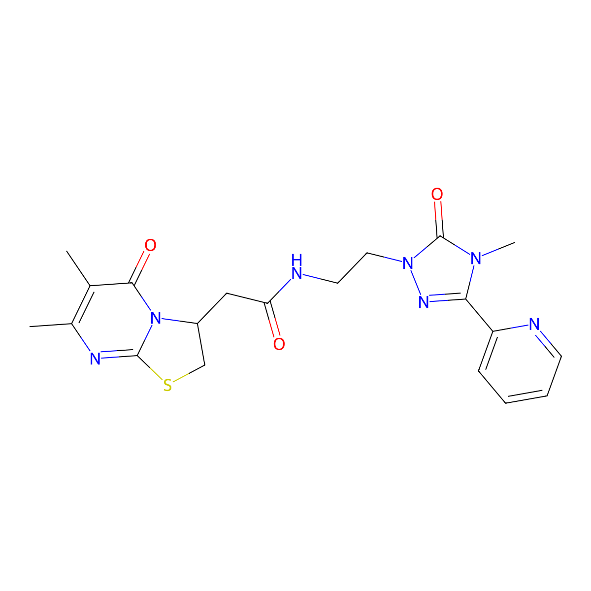 2-(6,7-dimethyl-5-oxo-3,5-dihydro-2H-thiazolo[3,2-a]pyrimidin-3-yl)-N-(2-(4-methyl-5-oxo-3-(pyridin-2-yl)-4,5-dihydro-1H-1,2,4-triazol-1-yl)ethyl)acetamide molecular structure, CAS 1396861-94-1