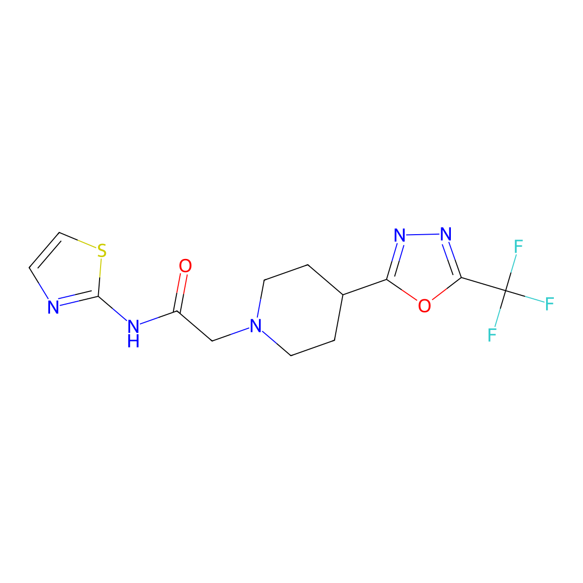 N-(thiazol-2-yl)-2-(4-(5-(trifluoromethyl)-1,3,4-oxadiazol-2-yl)piperidin-1-yl)acetamide molecular structure, CAS 1396862-03-5