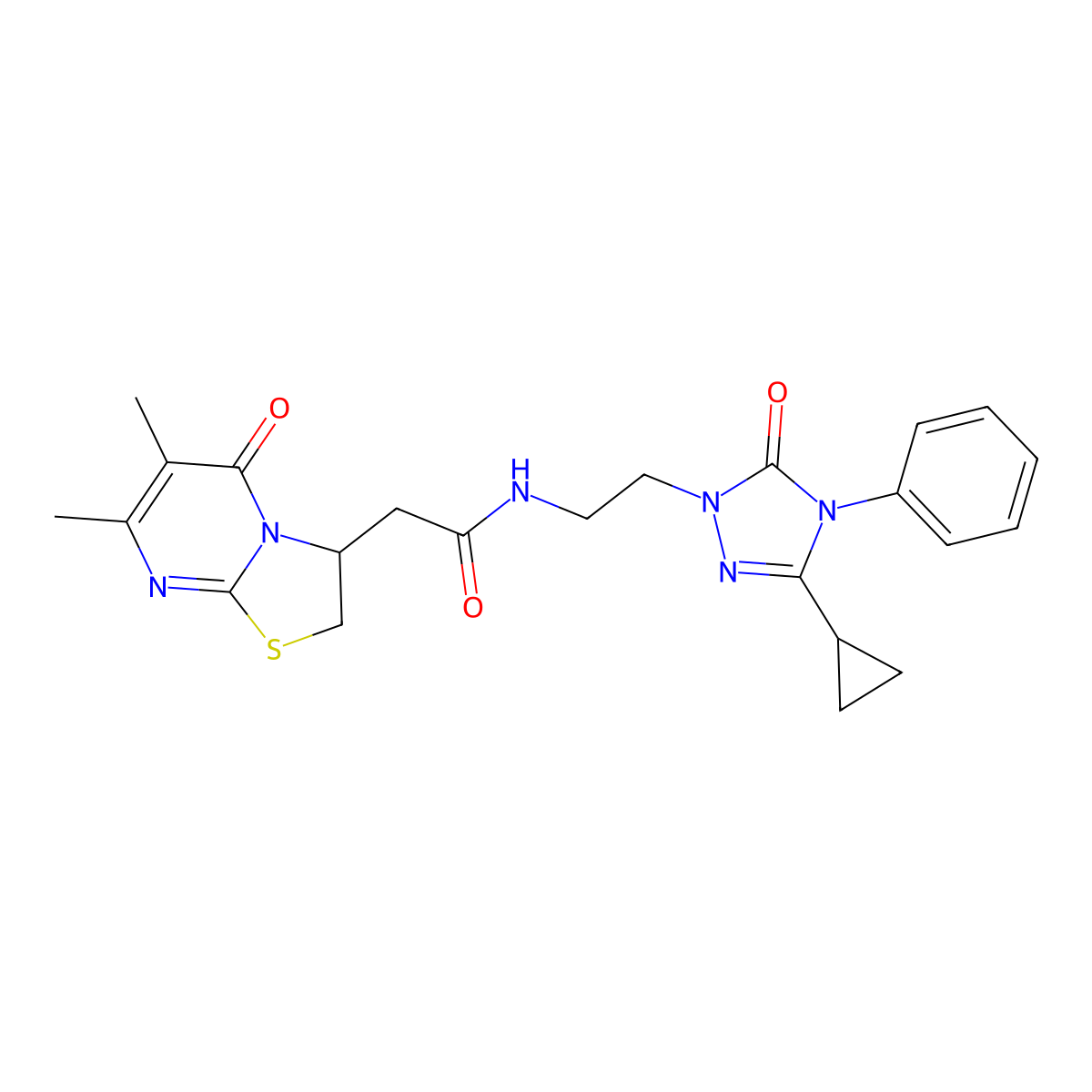 N-(2-(3-cyclopropyl-5-oxo-4-phenyl-4,5-dihydro-1H-1,2,4-triazol-1-yl)ethyl)-2-(6,7-dimethyl-5-oxo-3,5-dihydro-2H-thiazolo[3,2-a]pyrimidin-3-yl)acetamide molecular structure, CAS 1396862-06-8