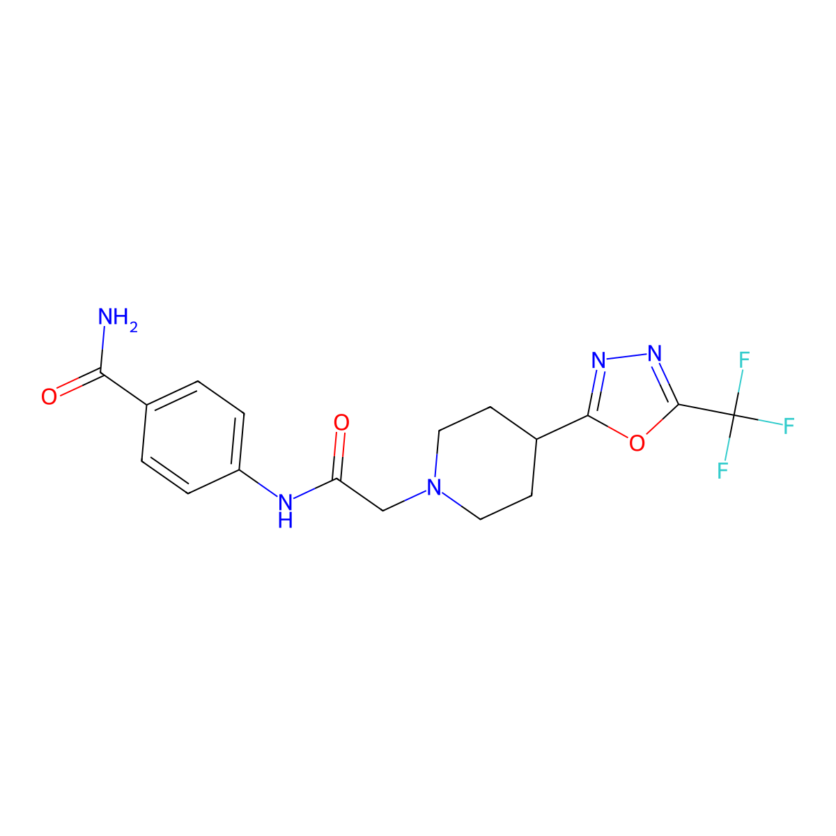 4-(2-(4-(5-(Trifluoromethyl)-1,3,4-oxadiazol-2-yl)piperidin-1-yl)acetamido)benzamide molecular structure, CAS 1396862-19-3