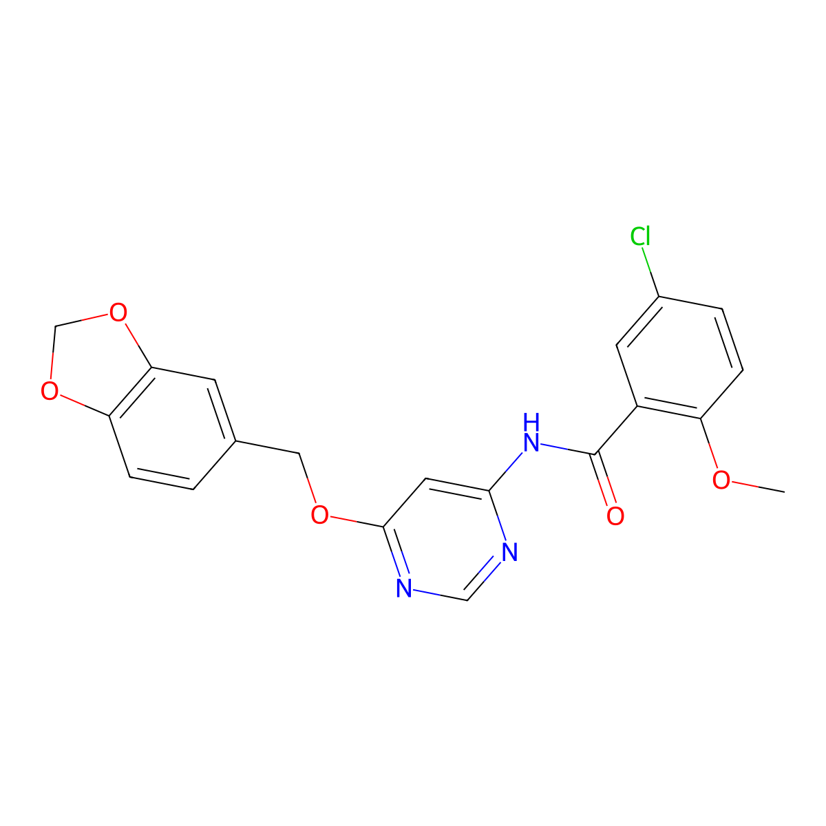 N-(6-(benzo[d][1,3]dioxol-5-ylmethoxy)pyrimidin-4-yl)-5-chloro-2-methoxybenzamide molecular structure, CAS 1396862-27-3