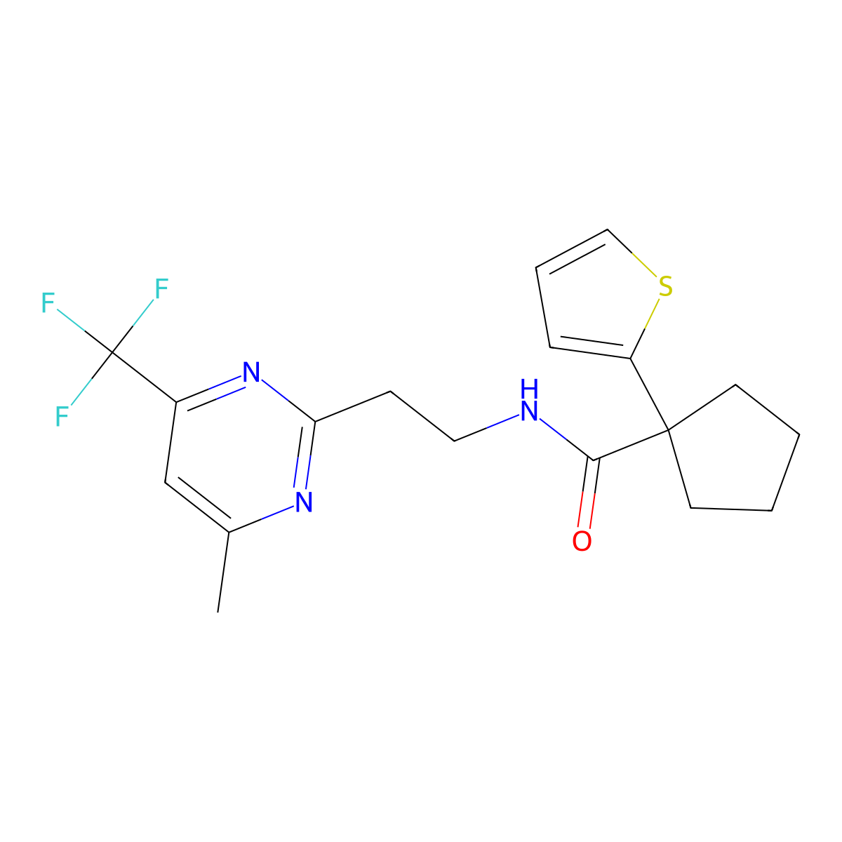 N-(2-(4-methyl-6-(trifluoromethyl)pyrimidin-2-yl)ethyl)-1-(thiophen-2-yl)cyclopentanecarboxamide molecular structure, CAS 1396862-33-1