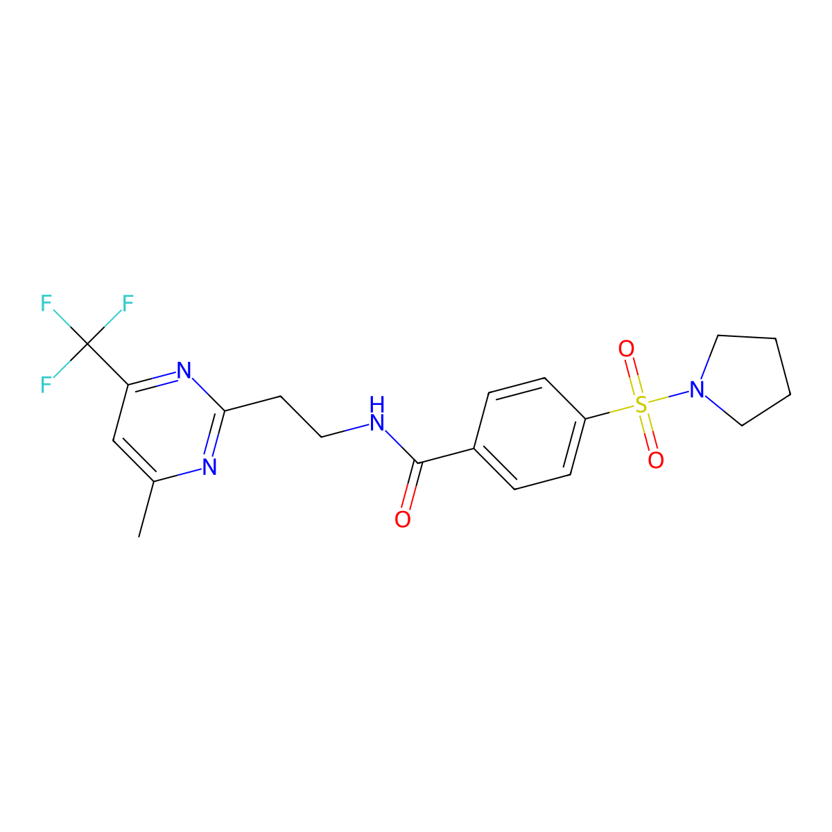 N-(2-(4-methyl-6-(trifluoromethyl)pyrimidin-2-yl)ethyl)-4-(pyrrolidin-1-ylsulfonyl)benzamide molecular structure, CAS 1396862-41-1
