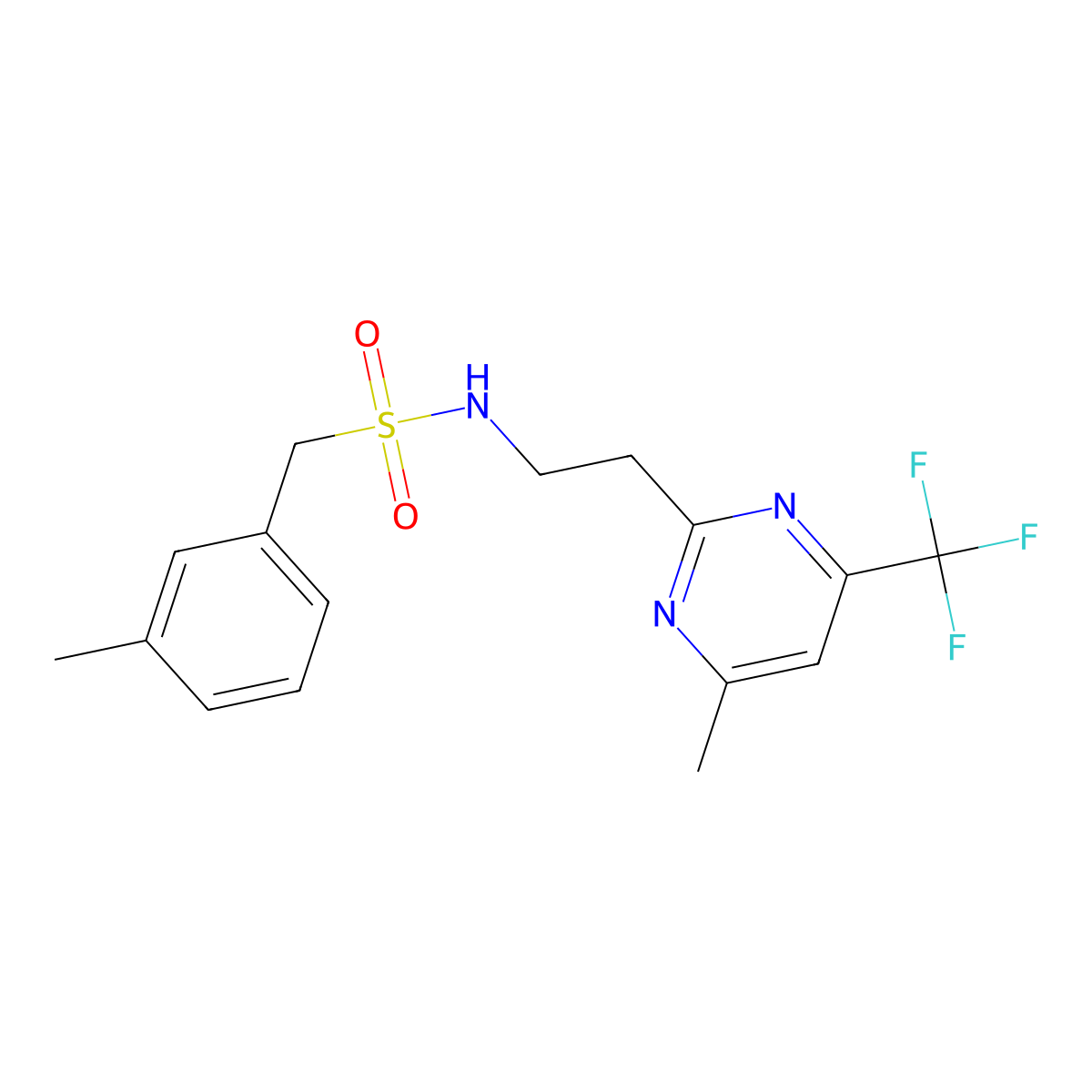 N-(2-(4-methyl-6-(trifluoromethyl)pyrimidin-2-yl)ethyl)-1-(m-tolyl)methanesulfonamide molecular structure, CAS 1396862-47-7