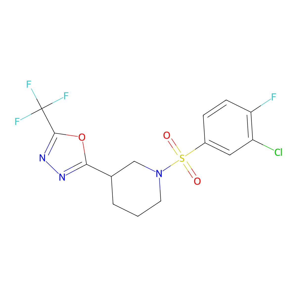 2-(1-((3-Chloro-4-fluorophenyl)sulfonyl)piperidin-3-yl)-5-(trifluoromethyl)-1,3,4-oxadiazole molecular structure, CAS 1396862-56-8